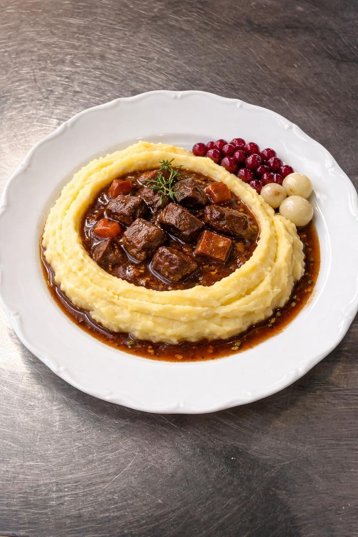 Geschmortes Rindfleisch mit Kartoffelpüree, Preiselbeeren und Perlzwiebeln